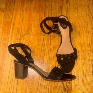 Clarks Black Suede Heeled Sandals with Eyelet Design 9.5